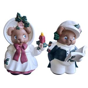 Vintage Earthenware Ceramic Hand Painted Bears Figurine Set Christmas Decor